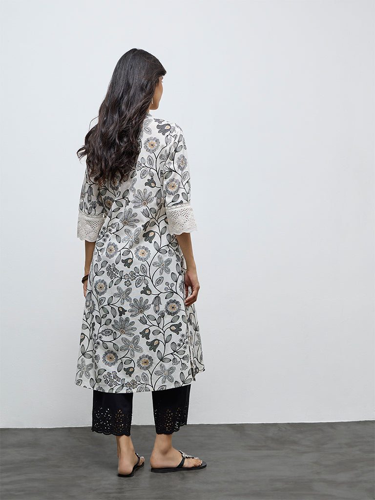 Utsa Off-White Floral Pattern Cotton-Blend A-Line Kurta