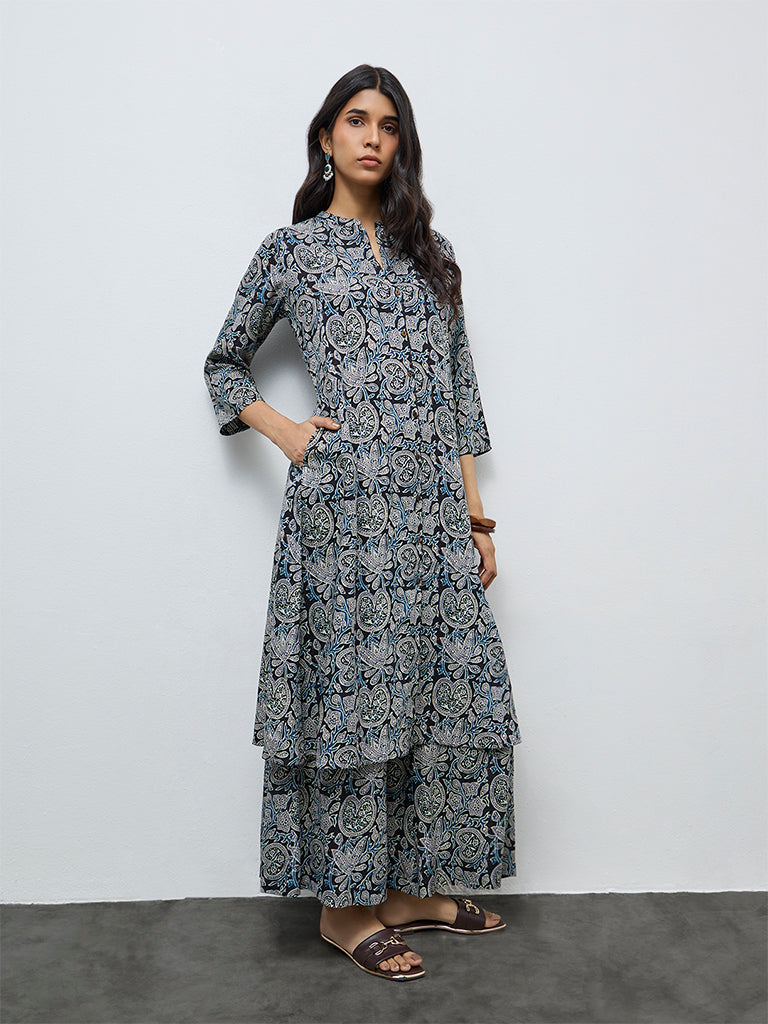 Utsa Blue Floral Printed A-Line Kurta