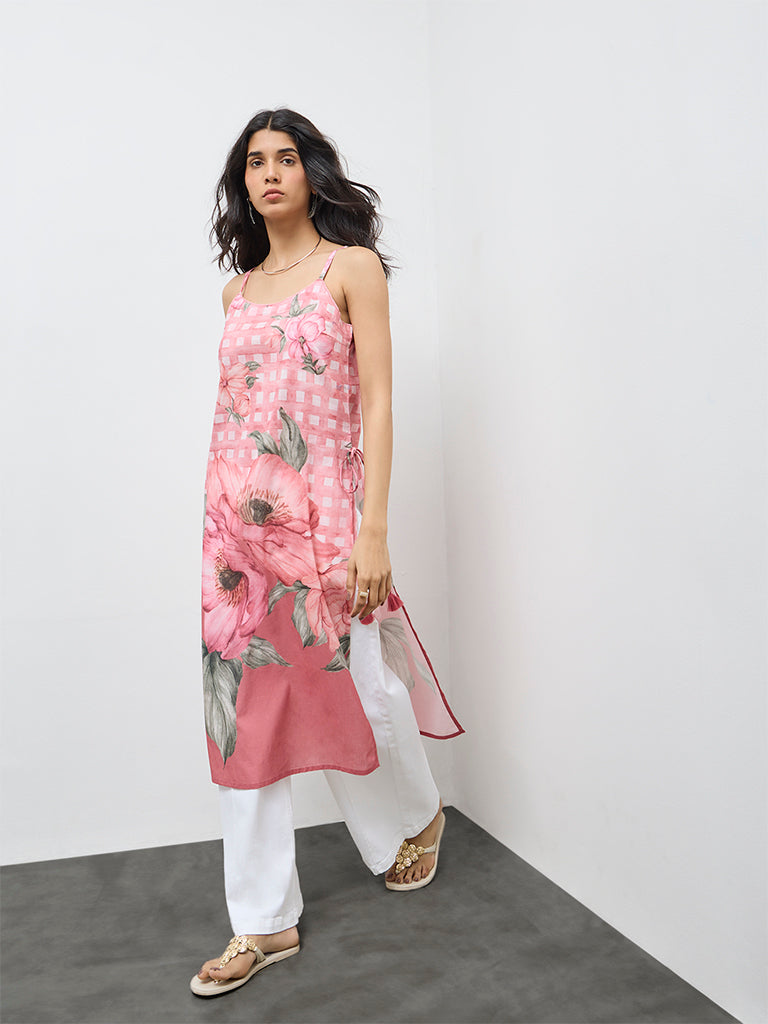 Utsa Pink Floral Printed Cotton A-Line Kurta