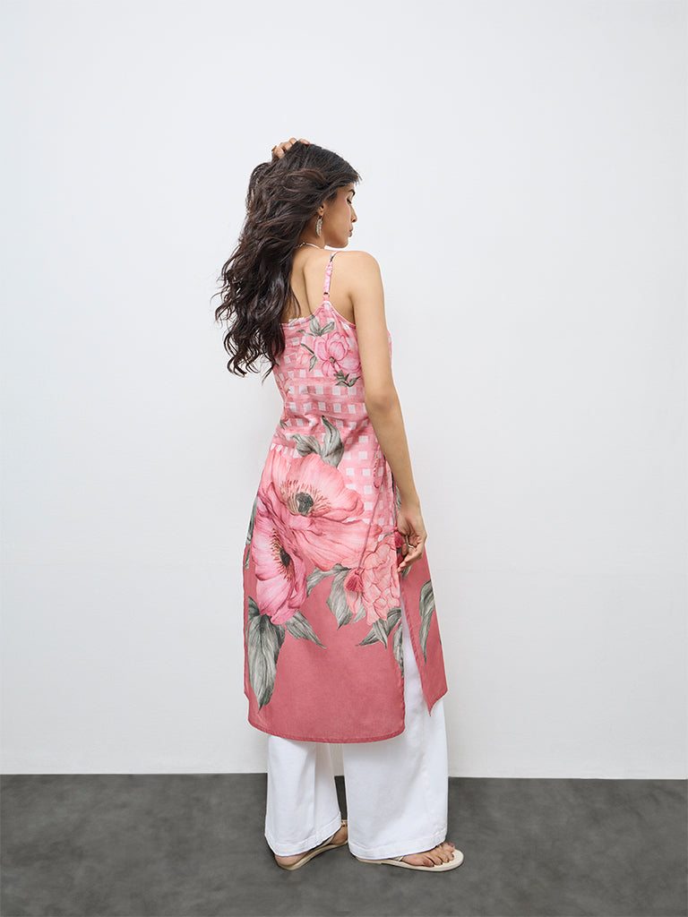 Utsa Pink Floral Printed Cotton A-Line Kurta
