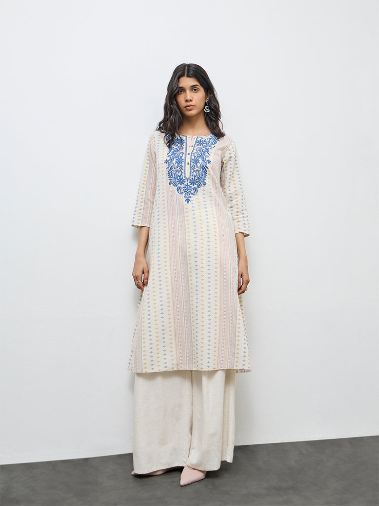Utsa Off-White Floral Printed Cotton-Blend A-Line Kurta