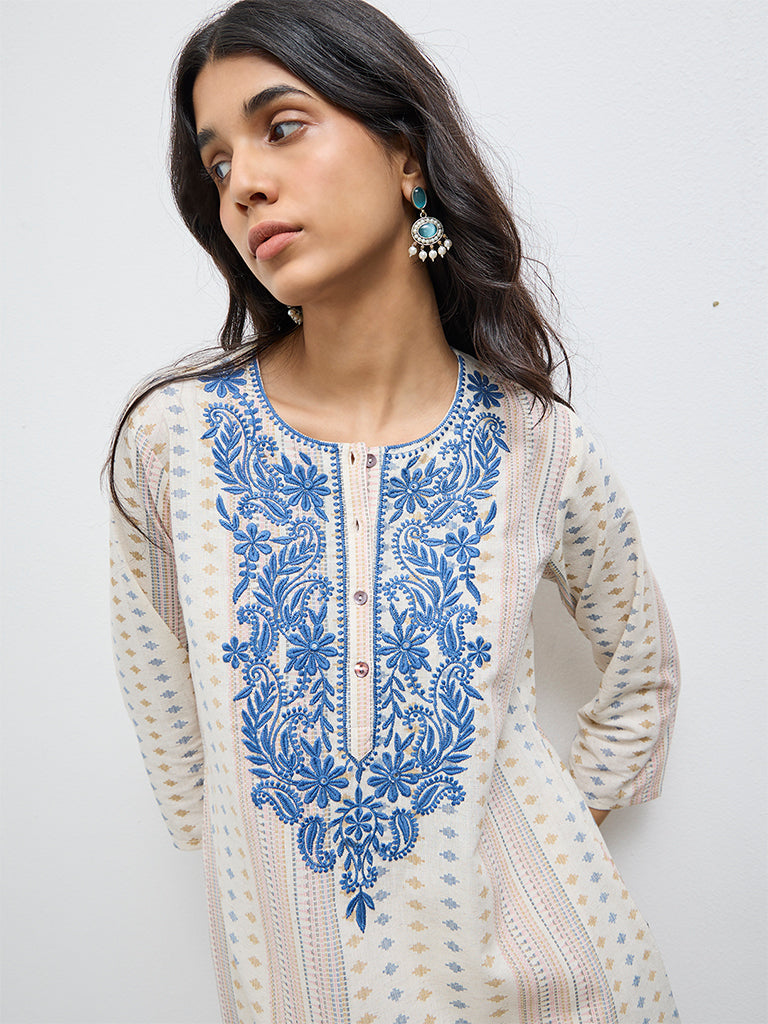 Utsa Off-White Floral Printed Cotton-Blend A-Line Kurta