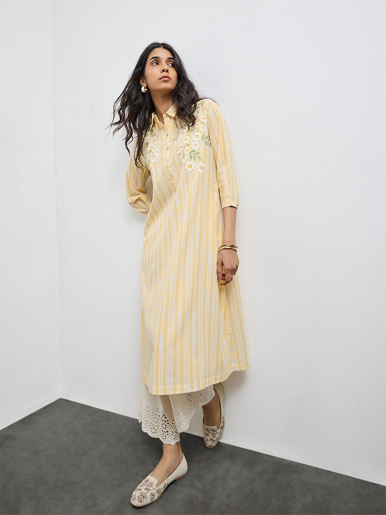Utsa Yellow Striped Cotton A-Line Kurta