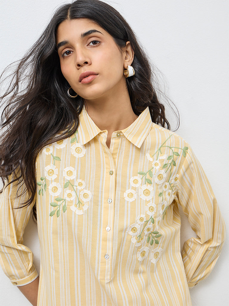 Utsa Yellow Striped Cotton A-Line Kurta
