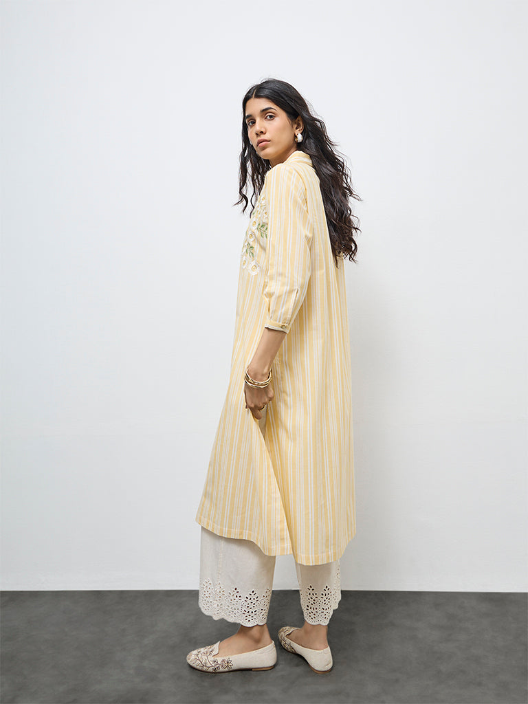 Utsa Yellow Striped Cotton A-Line Kurta