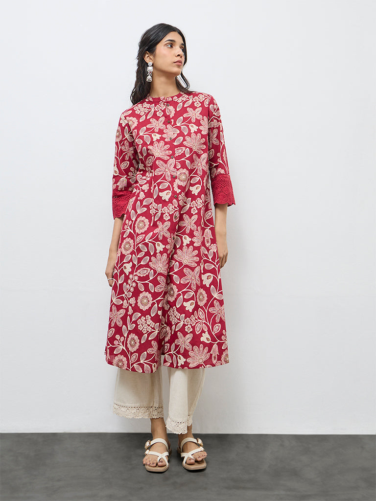 Utsa Red Floral Cotton-Blend A-Line Kurta