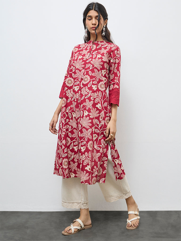 Utsa Red Floral Cotton-Blend A-Line Kurta