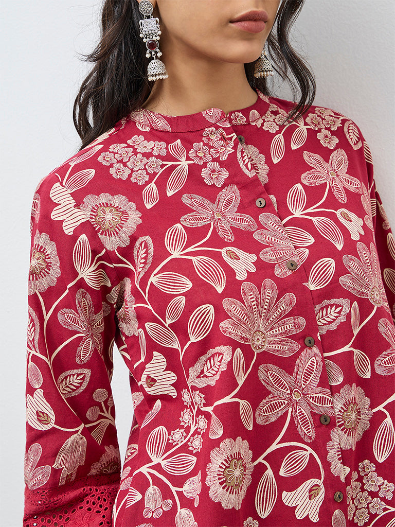 Utsa Red Floral Cotton-Blend A-Line Kurta