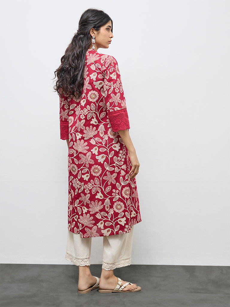 Utsa Red Floral Cotton-Blend A-Line Kurta