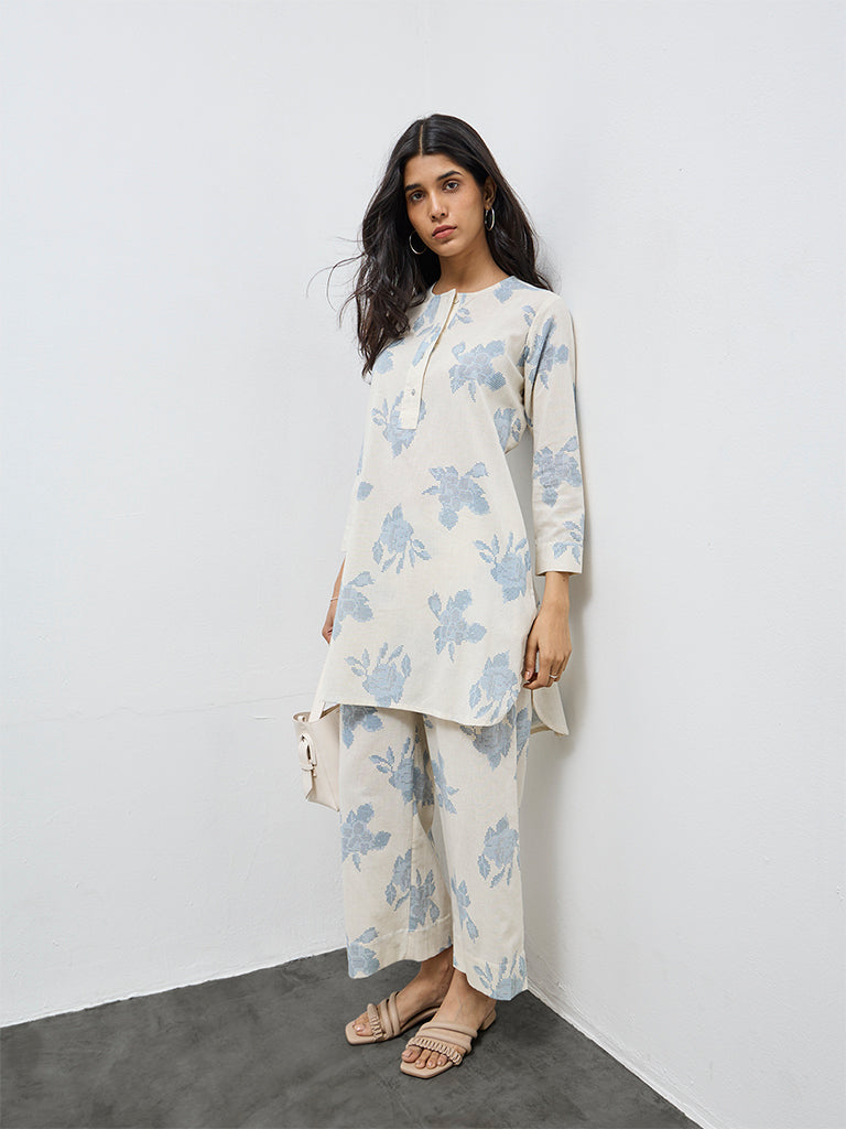 Utsa Off-White Floral Cotton-Blend Tunic