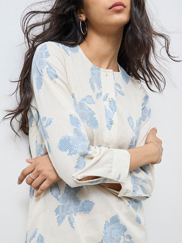 Utsa Off-White Floral Cotton-Blend Tunic