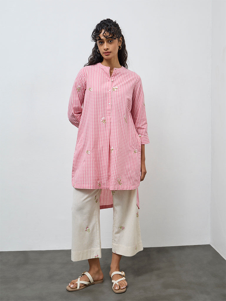 Utsa Pink Gingham Check High-Low Cotton Kurta