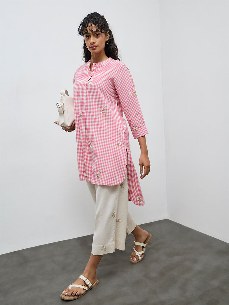 Utsa Pink Gingham Check High-Low Cotton Kurta