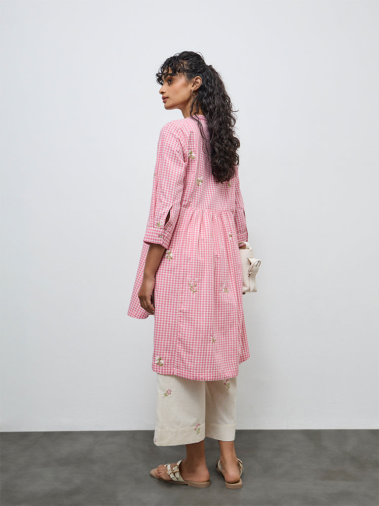 Utsa Pink Gingham Check High-Low Cotton Kurta