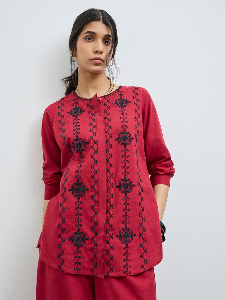Utsa Red Floral Embroidered Cotton Tunic