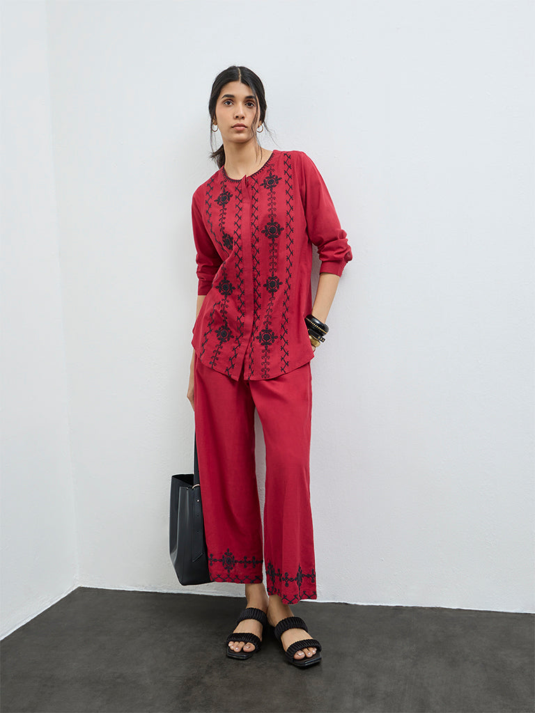 Utsa Red Floral Embroidered Cotton Tunic