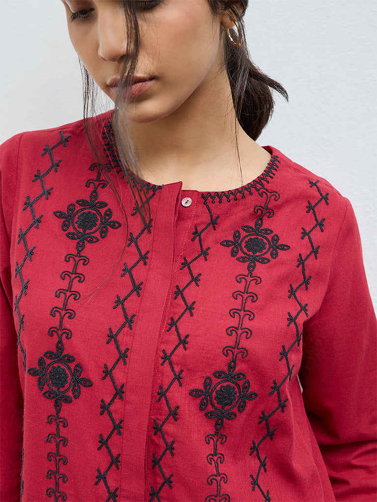 Utsa Red Floral Embroidered Cotton Tunic