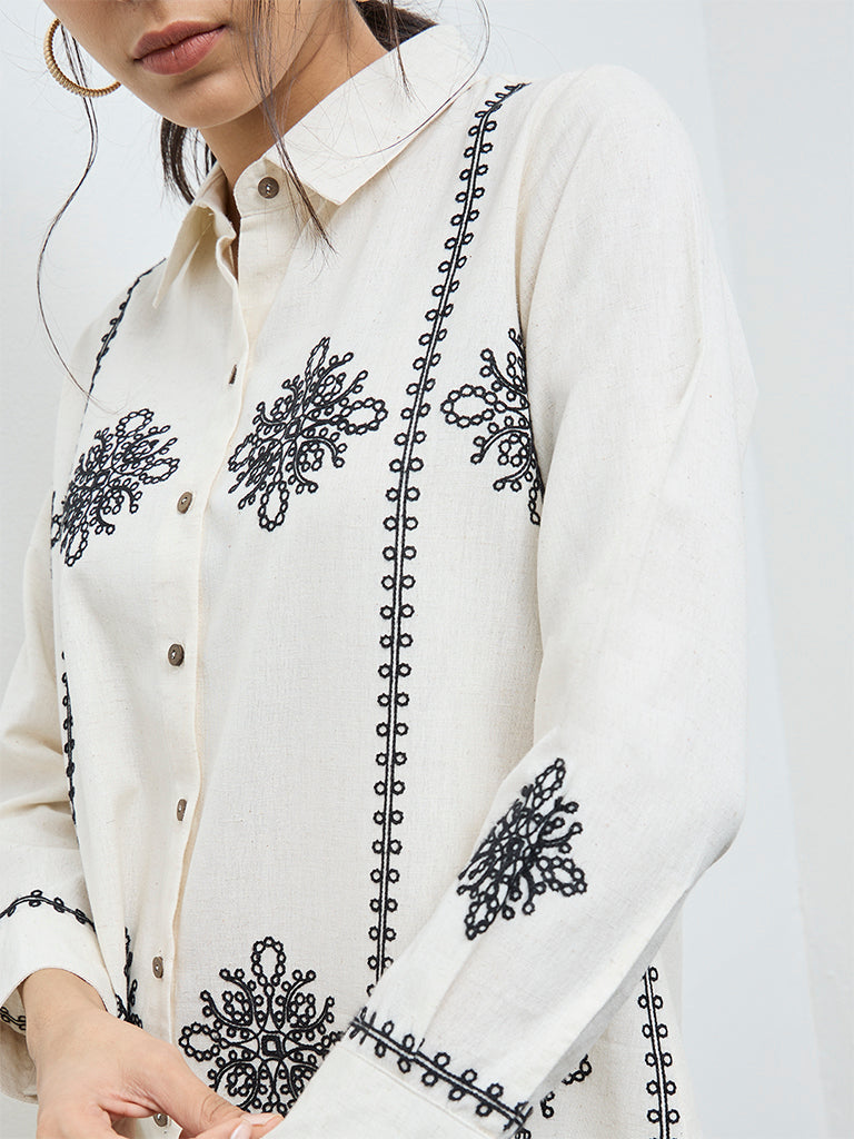 Utsa Off-White Floral Embroidered Cotton-Blend Tunic