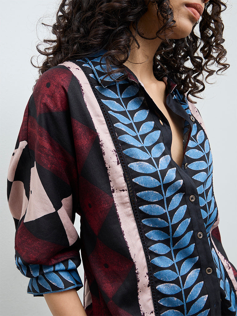 Utsa Black Floral Printed Cotton Tunic