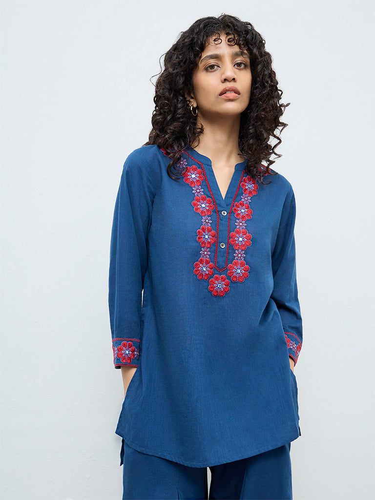 Utsa Indigo Floral Embroidered Cotton A-Line Tunic