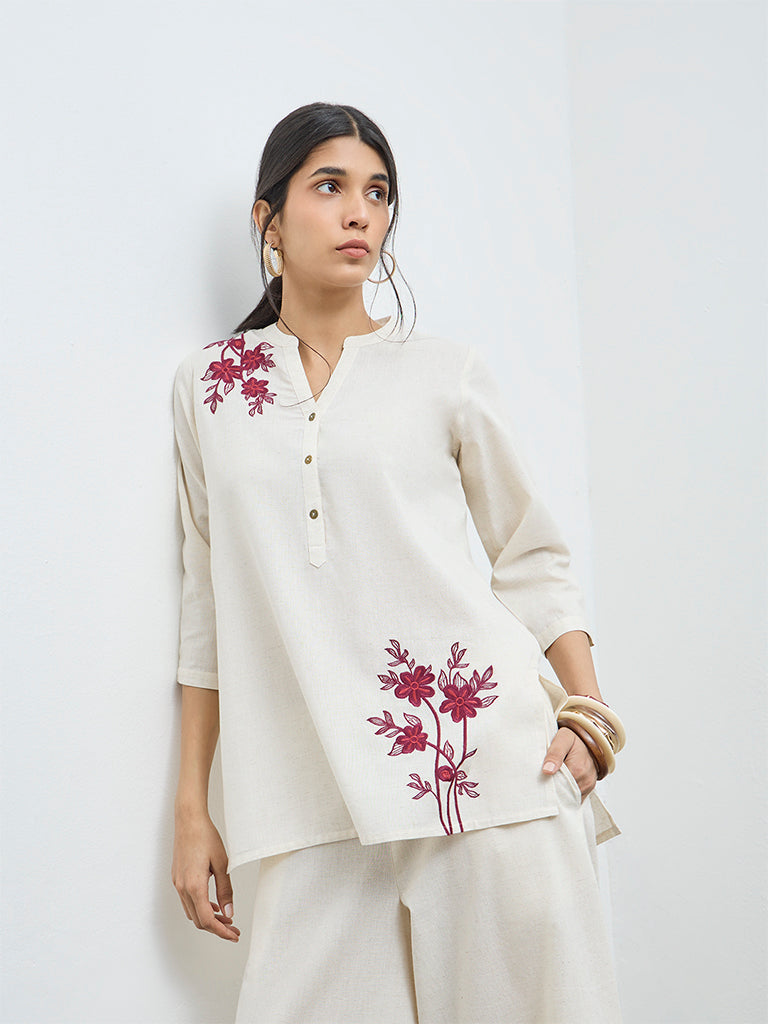 Utsa Off-White Floral Embroidered Cotton-Blend Tunic
