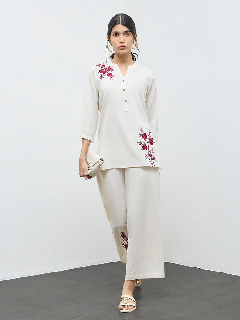 Utsa Off-White Floral Embroidered Cotton-Blend Tunic