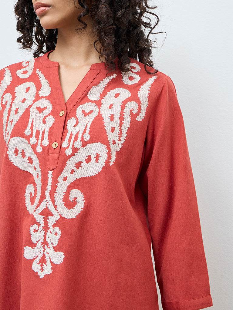Utsa Red Embroidered Cotton-Blend Tunic