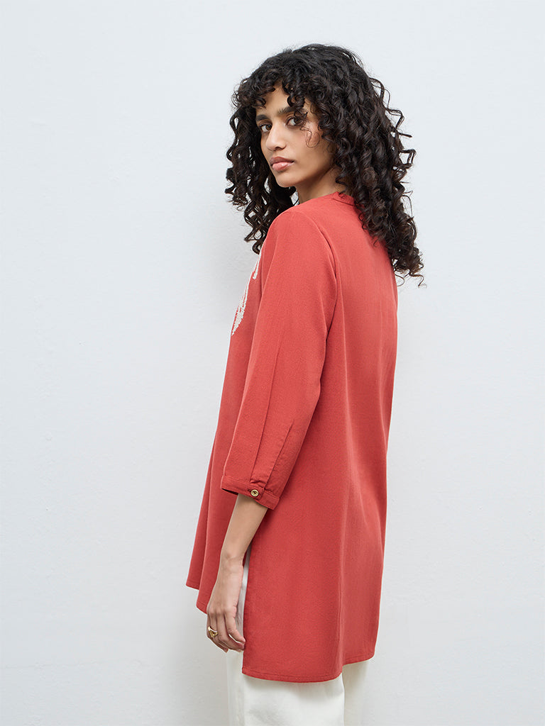 Utsa Red Embroidered Cotton-Blend Tunic