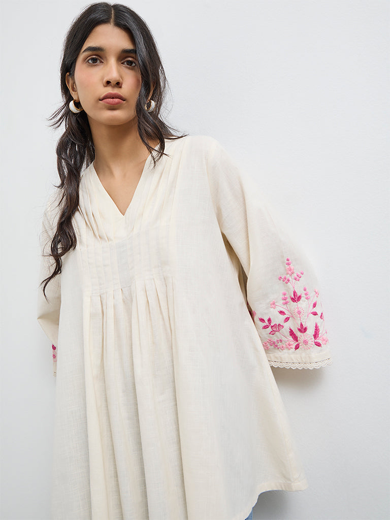 Utsa Off-White Pintuck Detail Cotton Tunic
