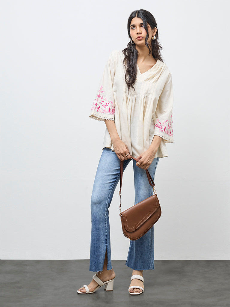 Utsa Off-White Pintuck Detail Cotton Tunic