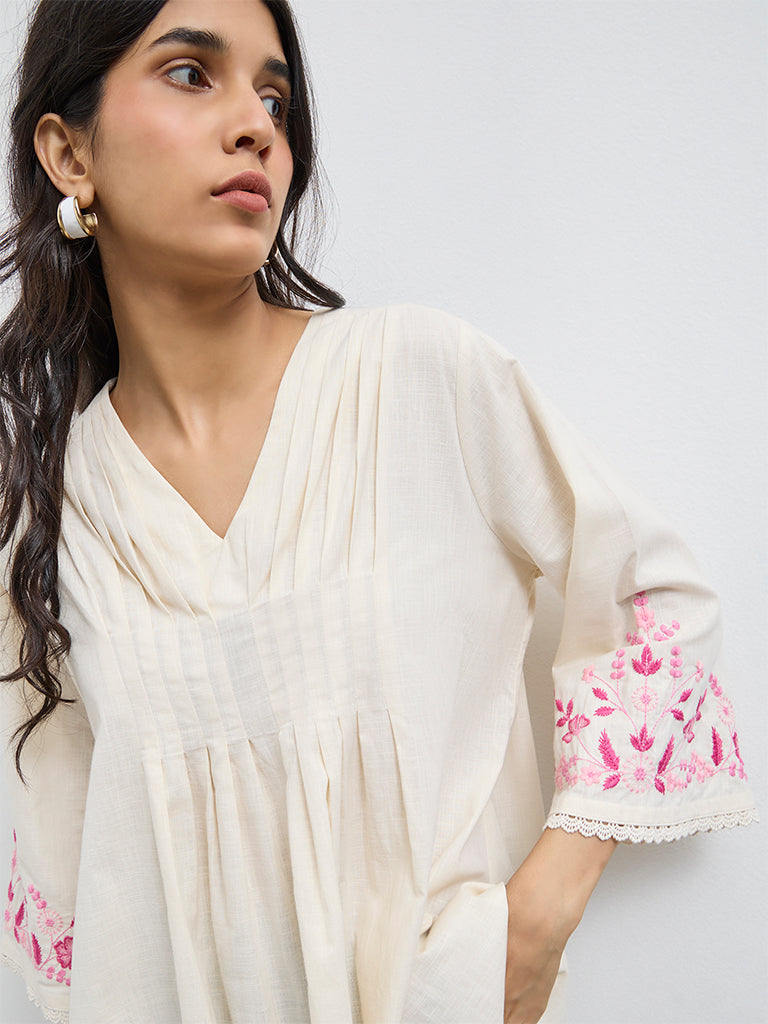 Utsa Off-White Pintuck Detail Cotton Tunic