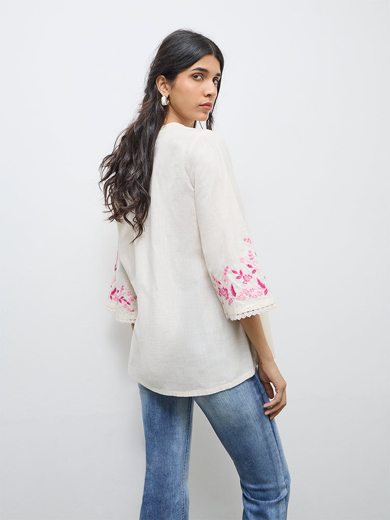 Utsa Off-White Pintuck Detail Cotton Tunic