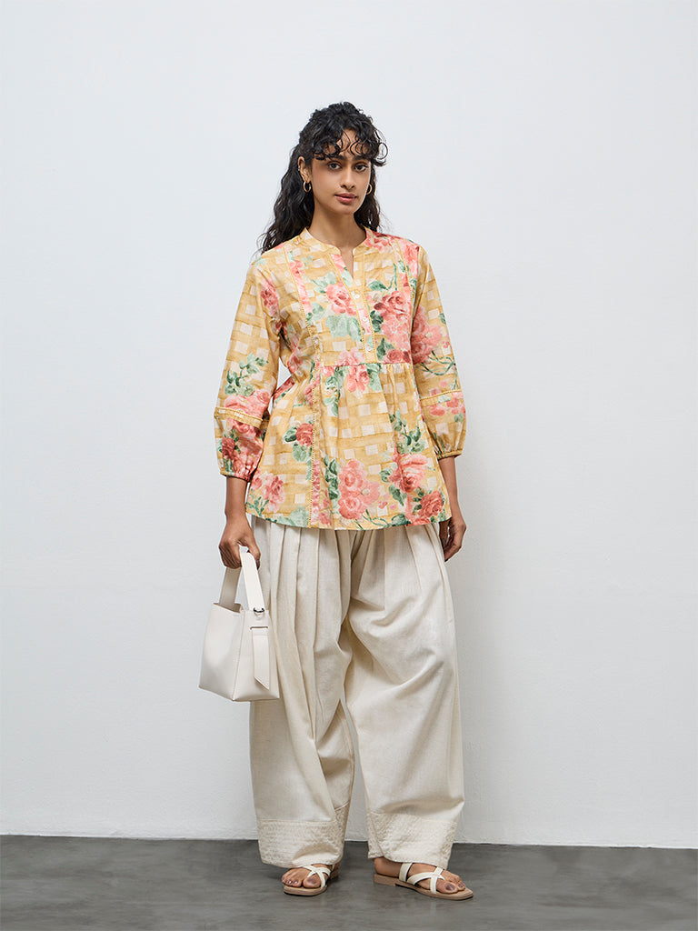 Utsa Yellow Floral Cotton Tunic