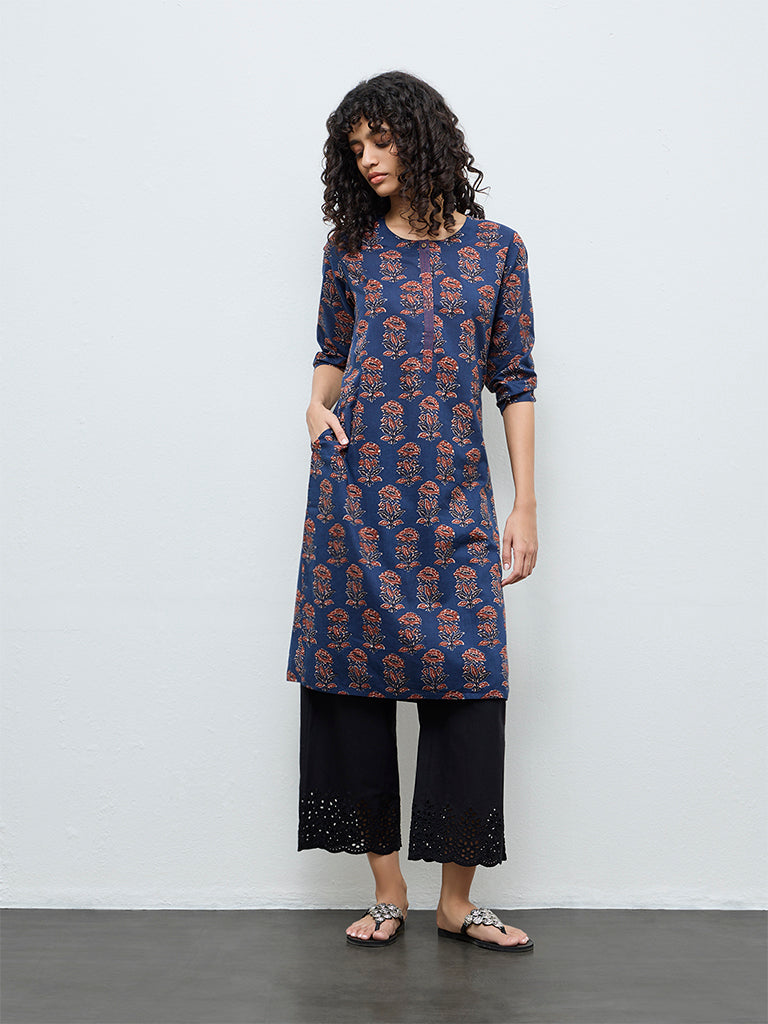 Utsa Indigo Printed Cotton Straight Kurta
