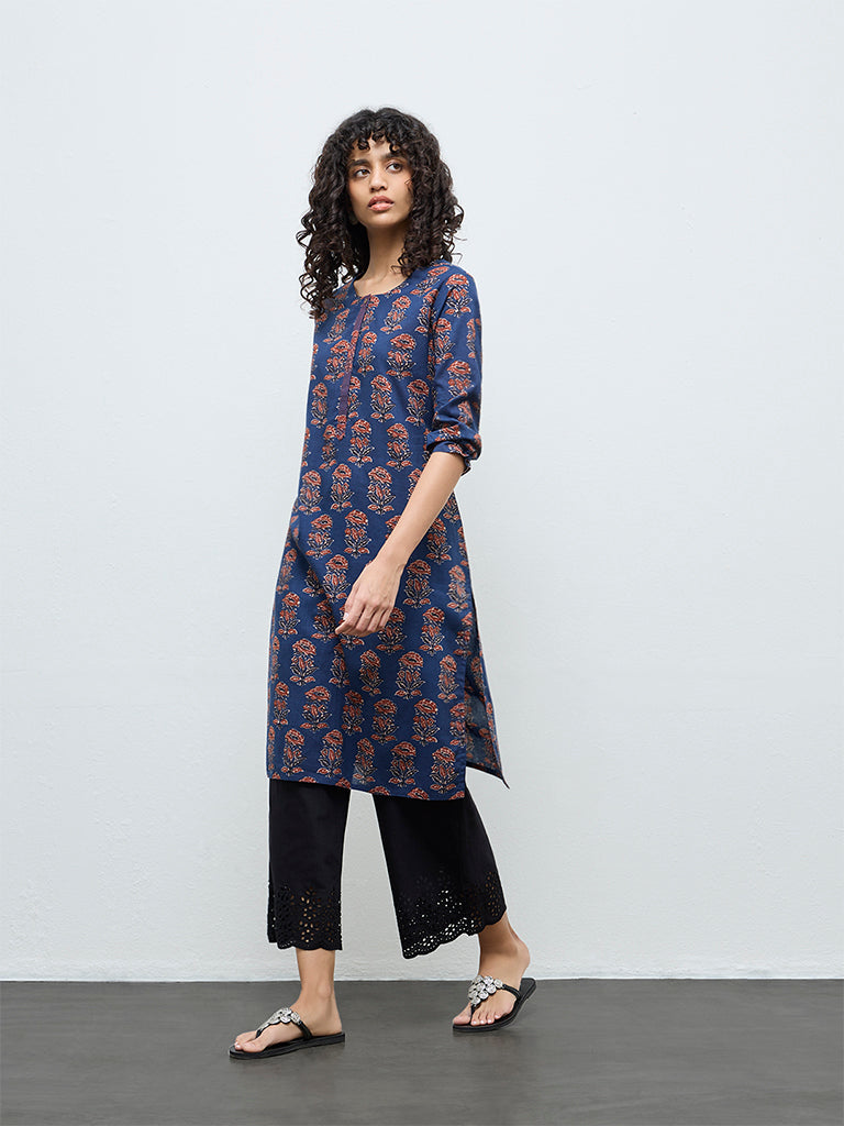 Utsa Indigo Printed Cotton Straight Kurta