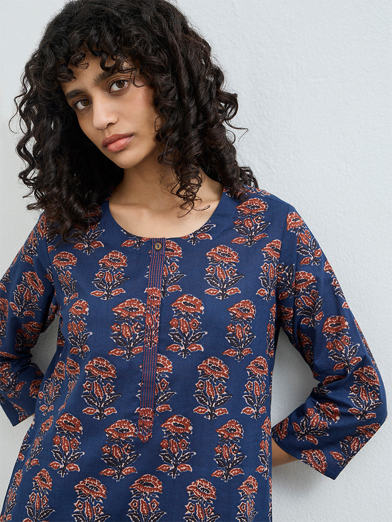 Utsa Indigo Printed Cotton Straight Kurta