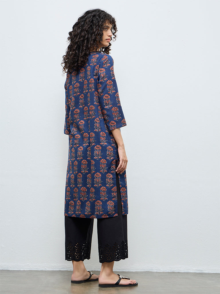 Utsa Indigo Printed Cotton Straight Kurta