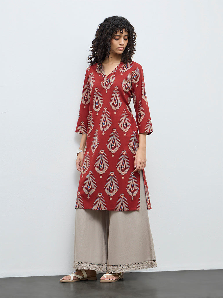 Utsa Red Printed Straight Cotton Kurta