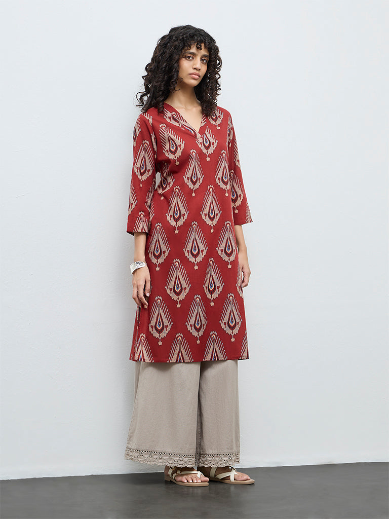Utsa Red Printed Straight Cotton Kurta