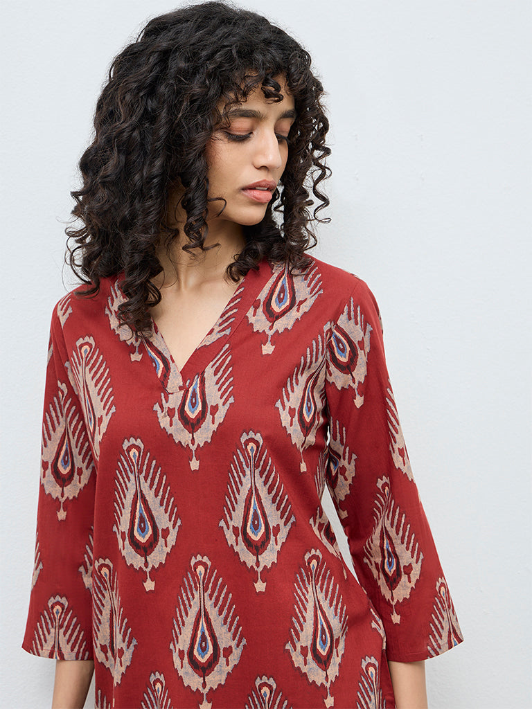 Utsa Red Printed Straight Cotton Kurta