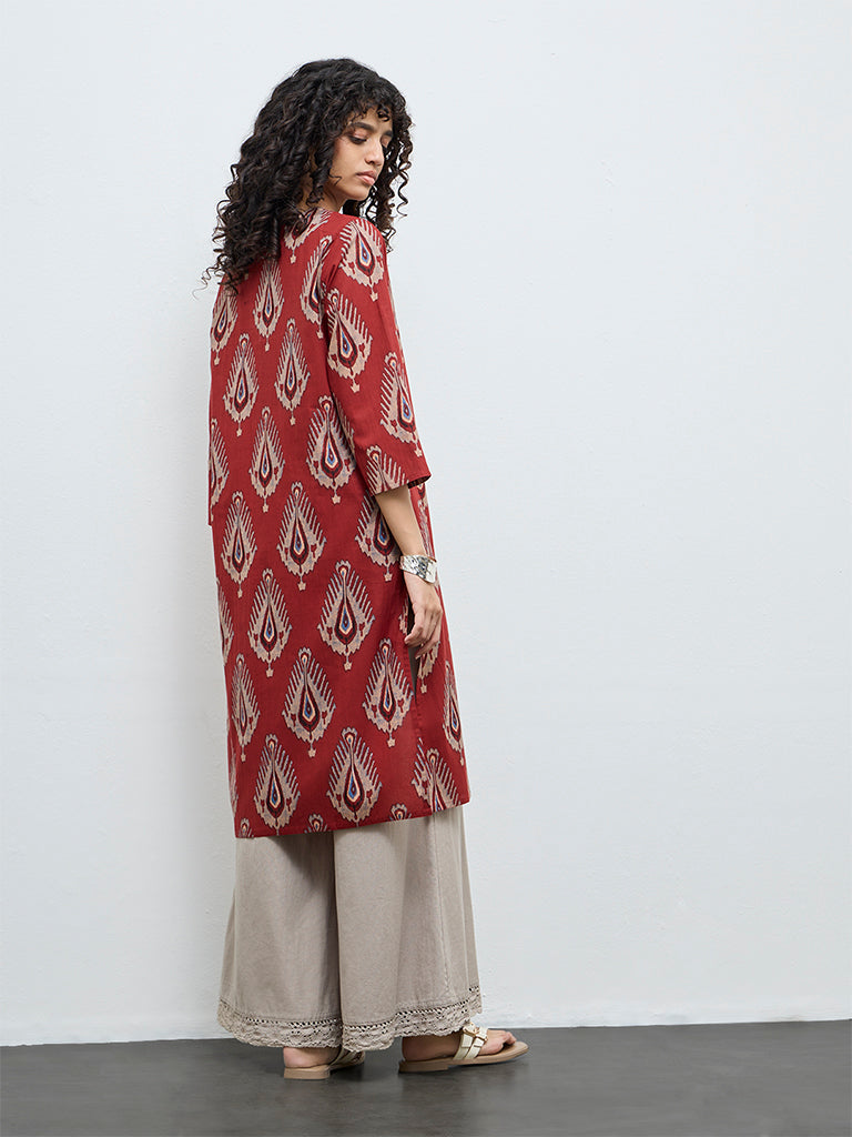 Utsa Red Printed Straight Cotton Kurta