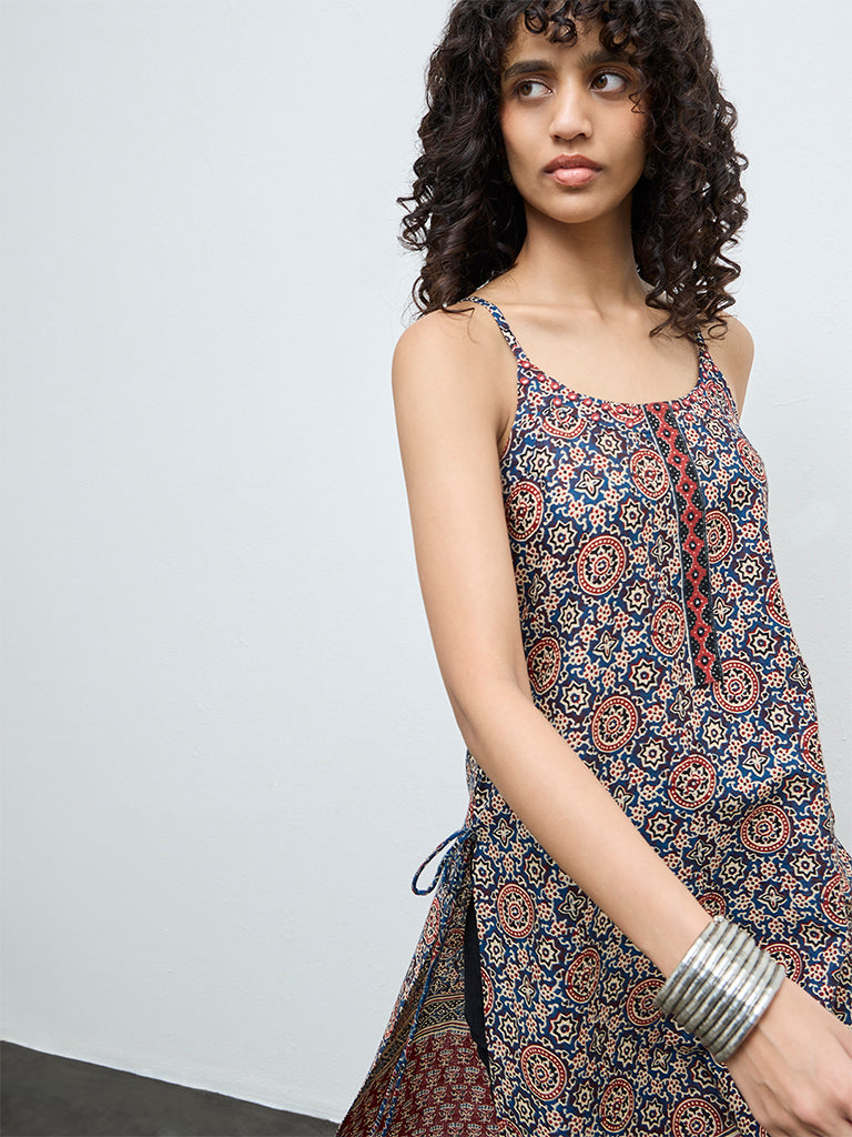 Utsa Indigo Printed Cotton A-Line Kurta