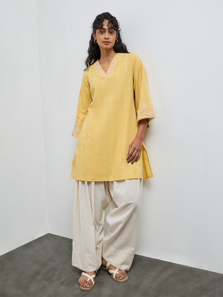 Utsa Yellow Floral Embroidered Cotton A-Line Kurta