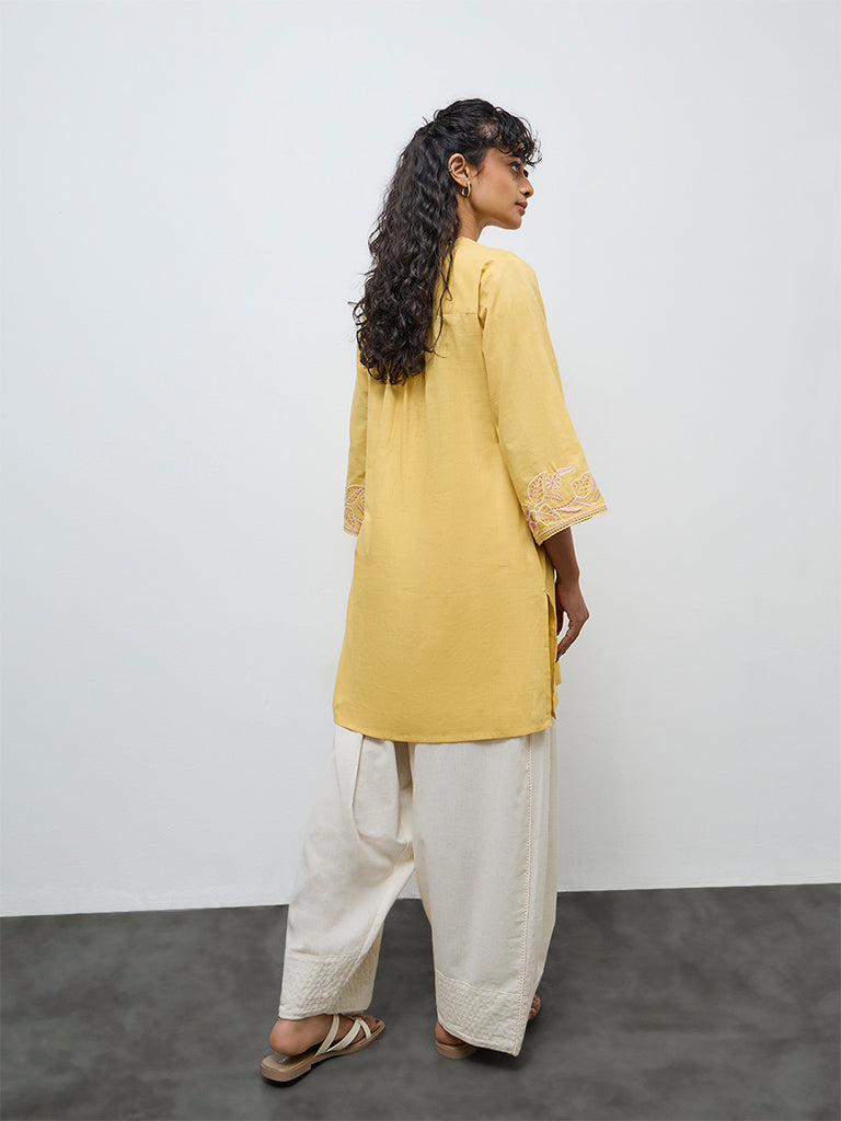 Utsa Yellow Floral Embroidered Cotton A-Line Kurta