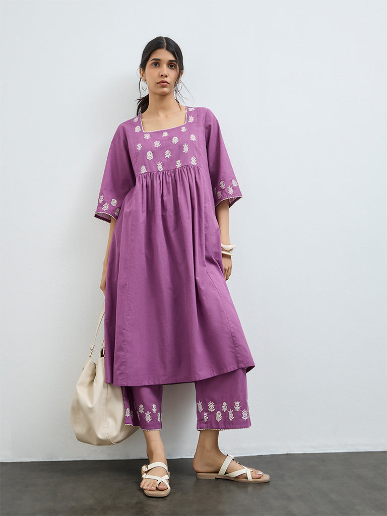 Utsa Purple Floral Embroidered Cotton A-Line Kurta