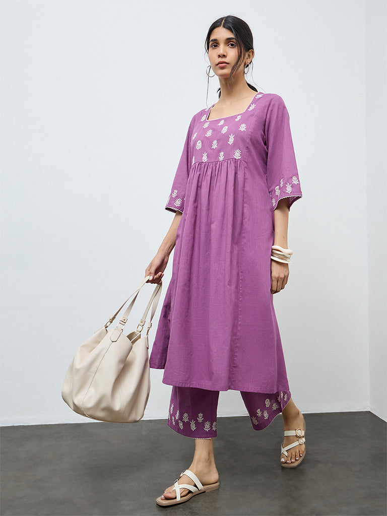 Utsa Purple Floral Embroidered Cotton A-Line Kurta