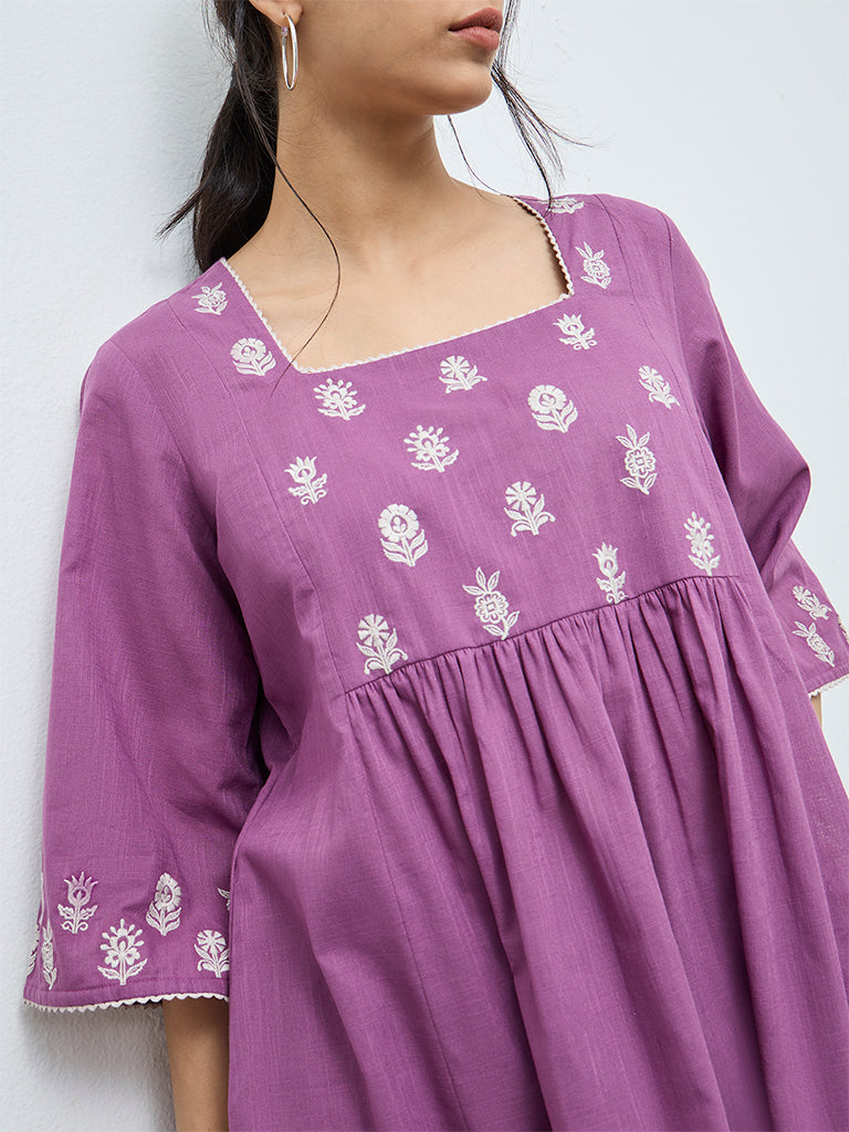 Utsa Purple Floral Embroidered Cotton A-Line Kurta