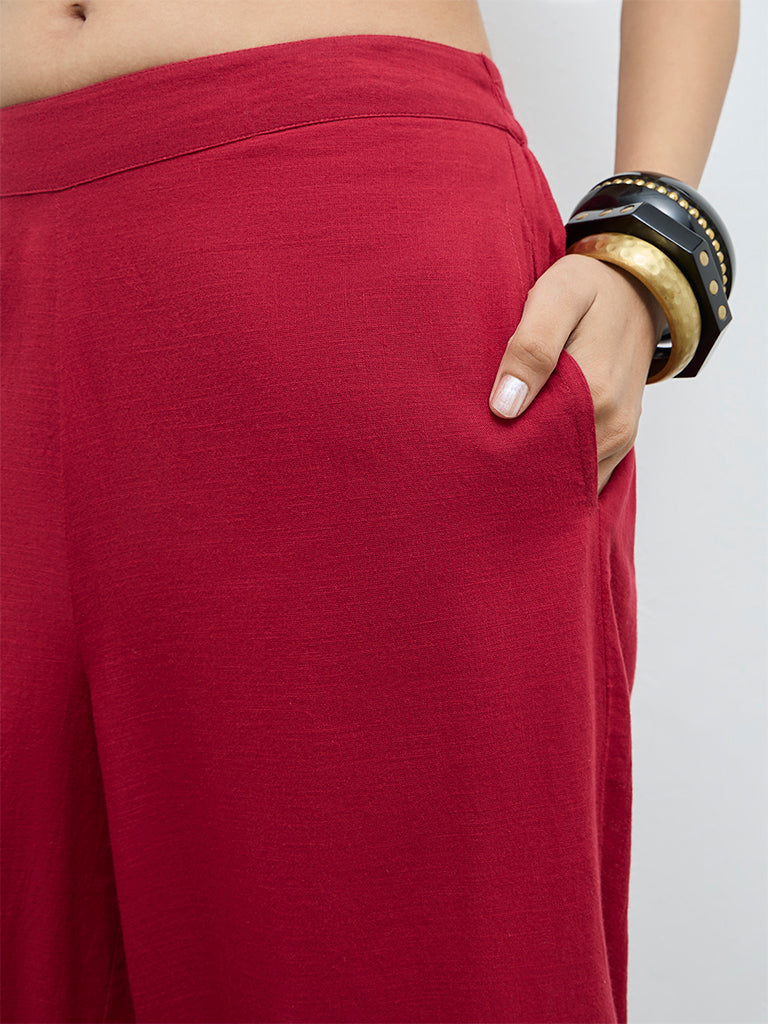 Utsa Red Floral Embroidered Cotton Pants