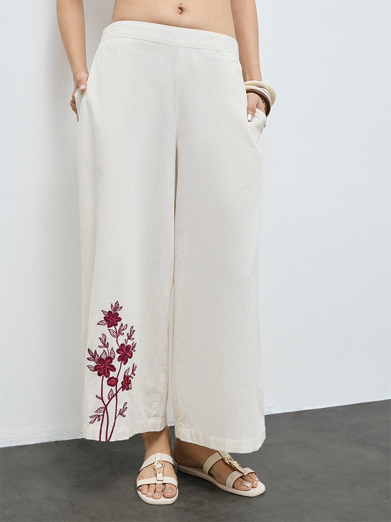 Utsa Off-White Floral Embroidered Cotton-Blend Pants