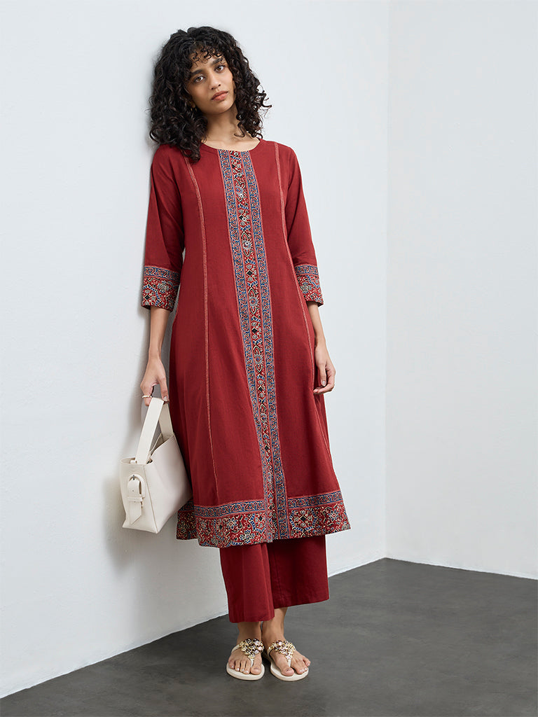 Utsa Rust Solid Mid-Rise Cotton-Blend Palazzos